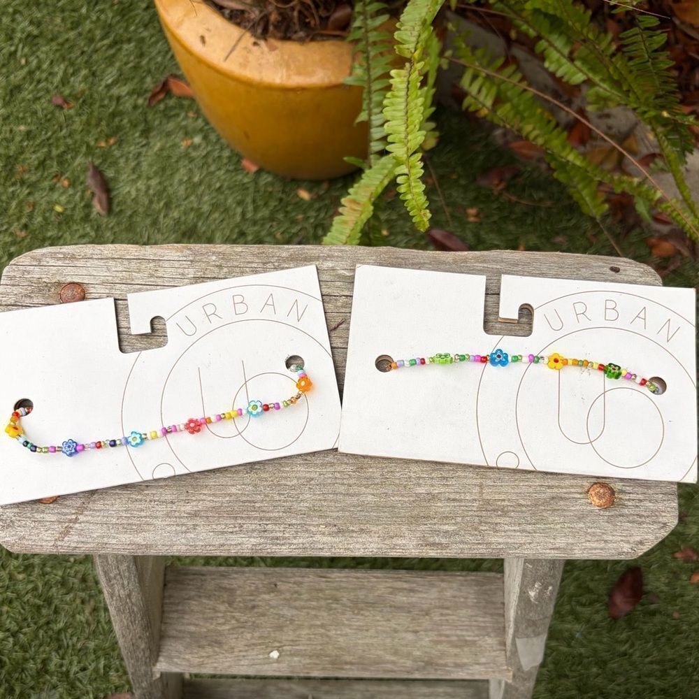 Two Urban Outfitters (OU) Multi-Colored Flower Beaded Necklaces NWT Boho Friends